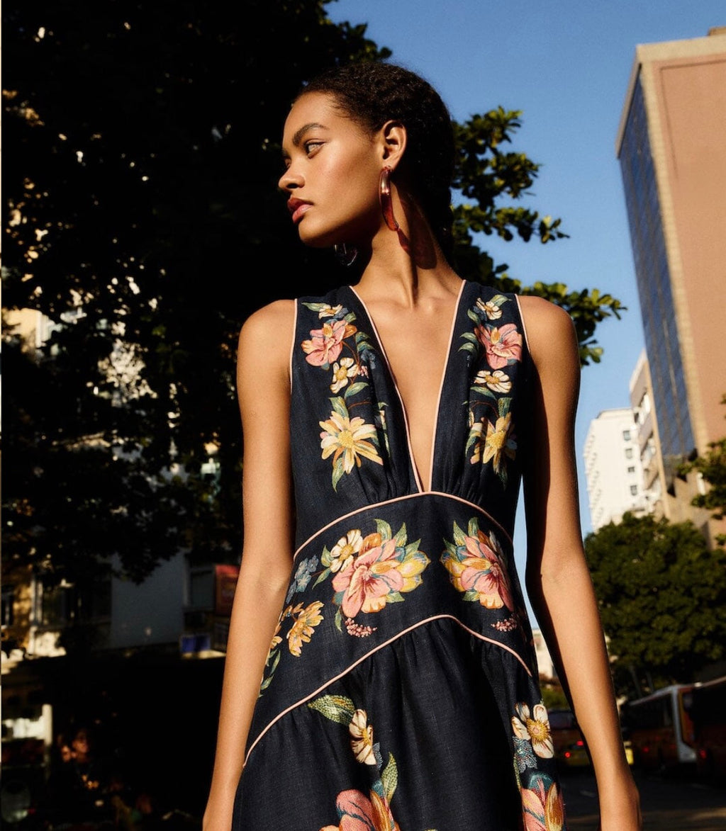Dark Blue Maira Floral Linen Midi Dress
