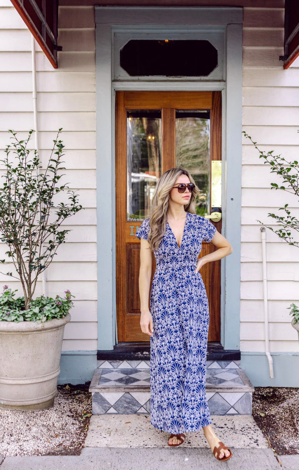 Navy Shell Eyelet V-Neck Maxi Dress