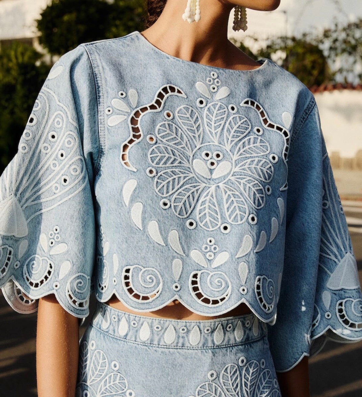 Denim Richelieu Kimono Sleeves Cropped Blouse