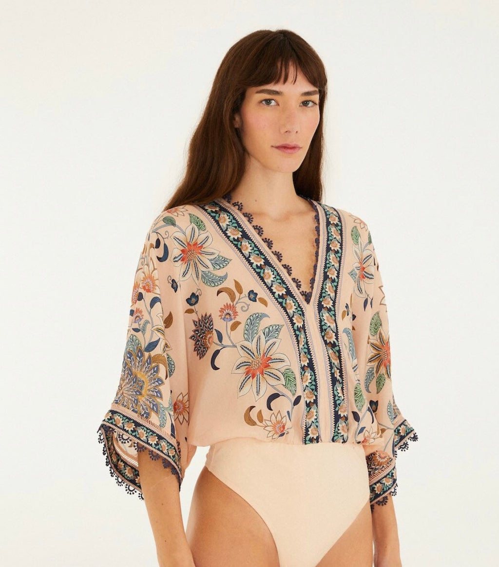Soft Pink Floral Delhi Tapestry Kimono Sleeve Bodysuit