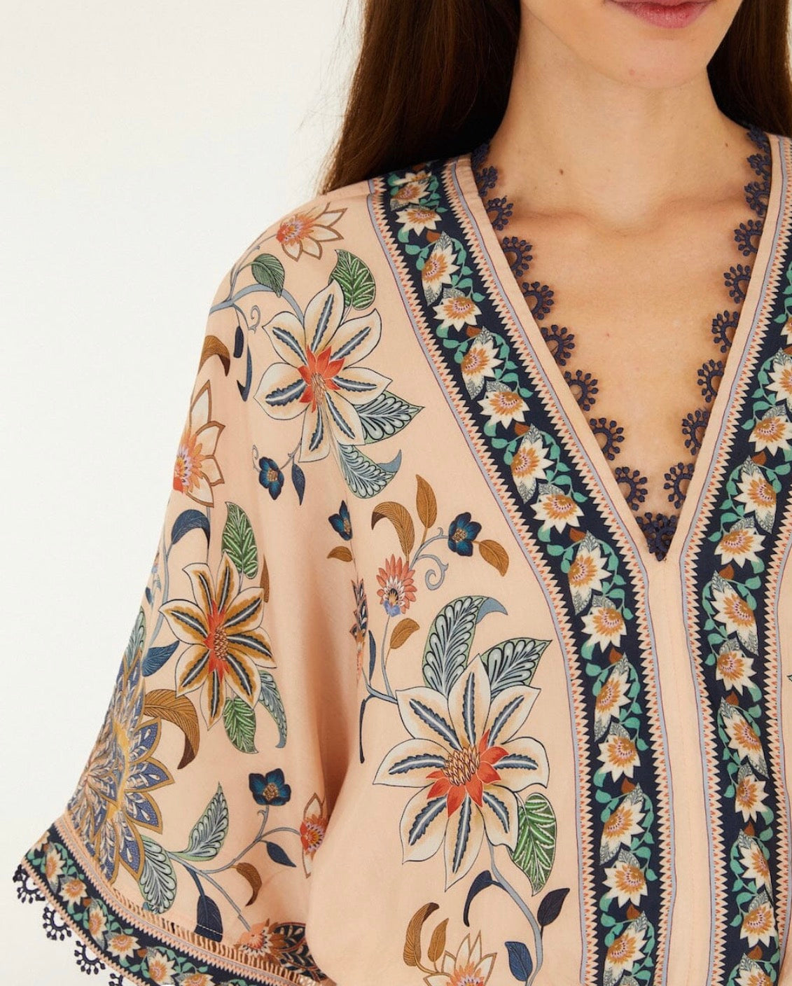 Soft Pink Floral Delhi Tapestry Kimono Sleeve Bodysuit