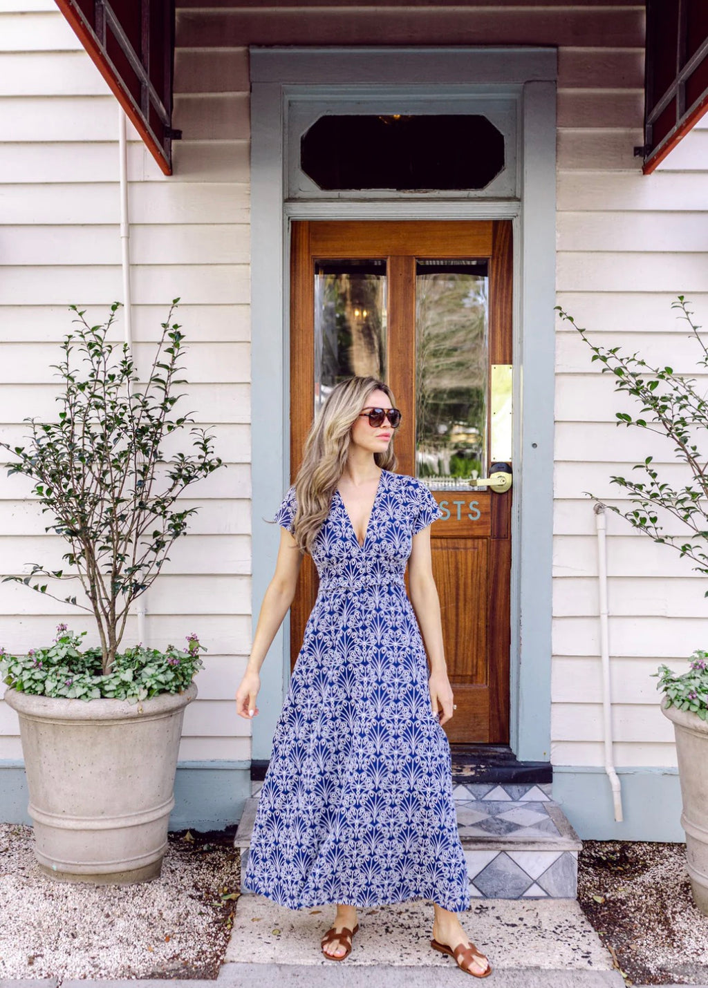 Navy Shell Eyelet V-Neck Maxi Dress