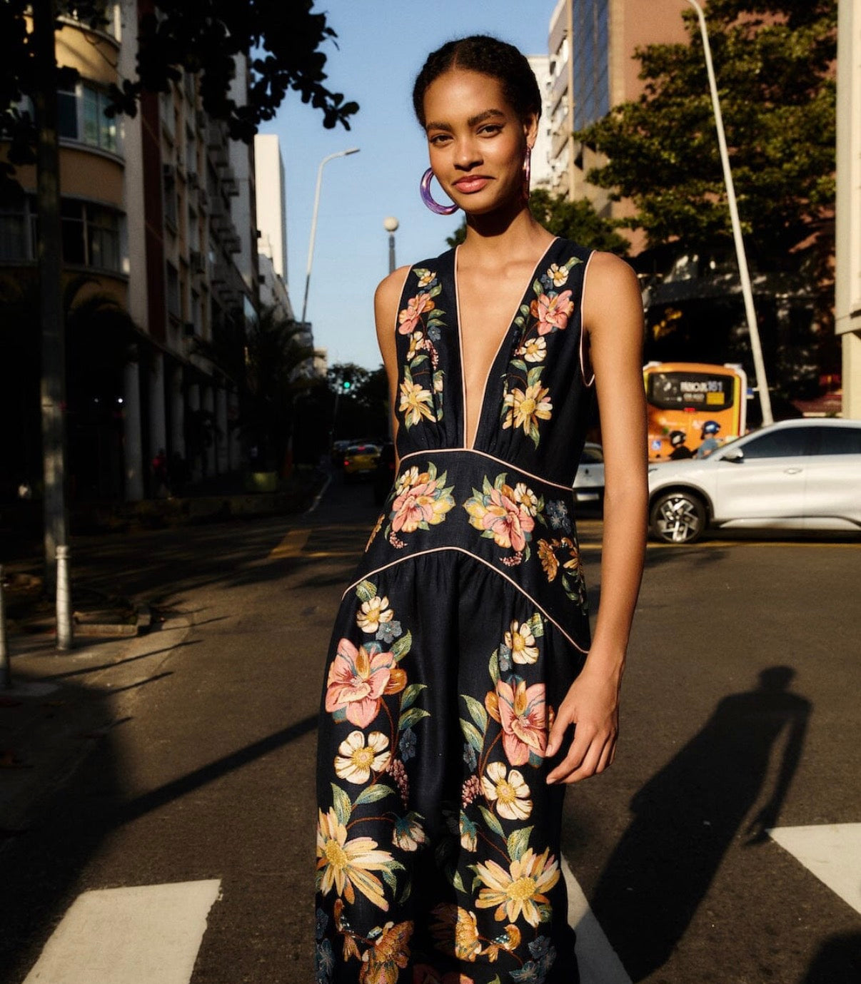 Dark Blue Maira Floral Linen Midi Dress