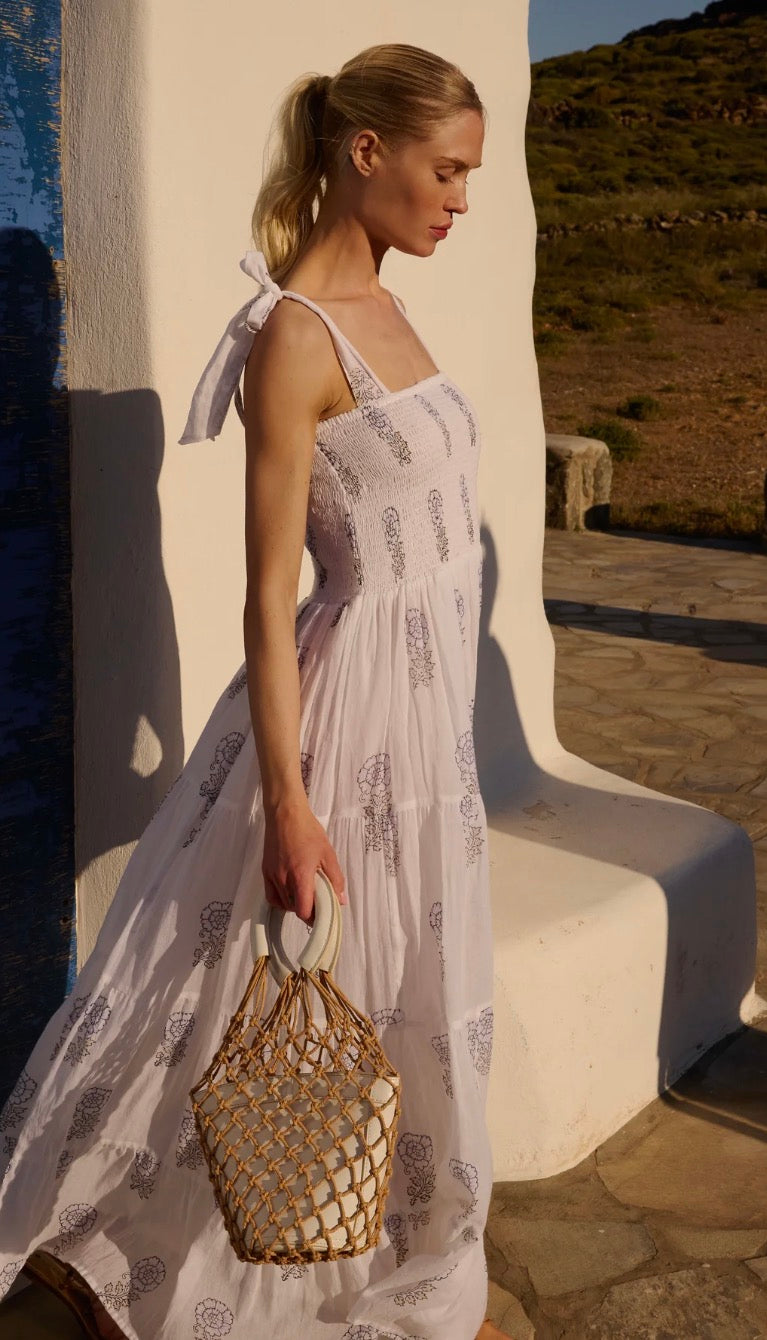 Leela Sky Wide Strap Smocked Midi