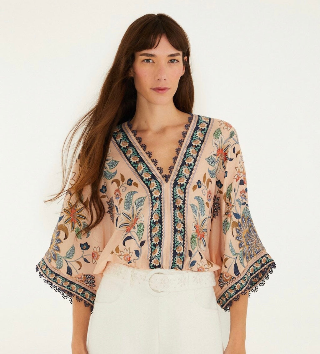 Soft Pink Floral Delhi Tapestry Kimono Sleeve Bodysuit