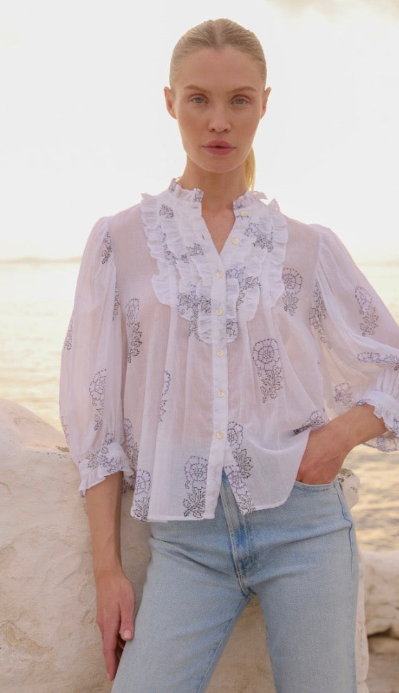 Leela Sky Ruffle Front Blouse