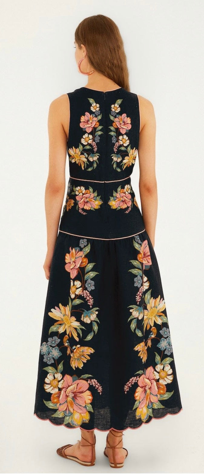 Dark Blue Maira Floral Linen Midi Dress