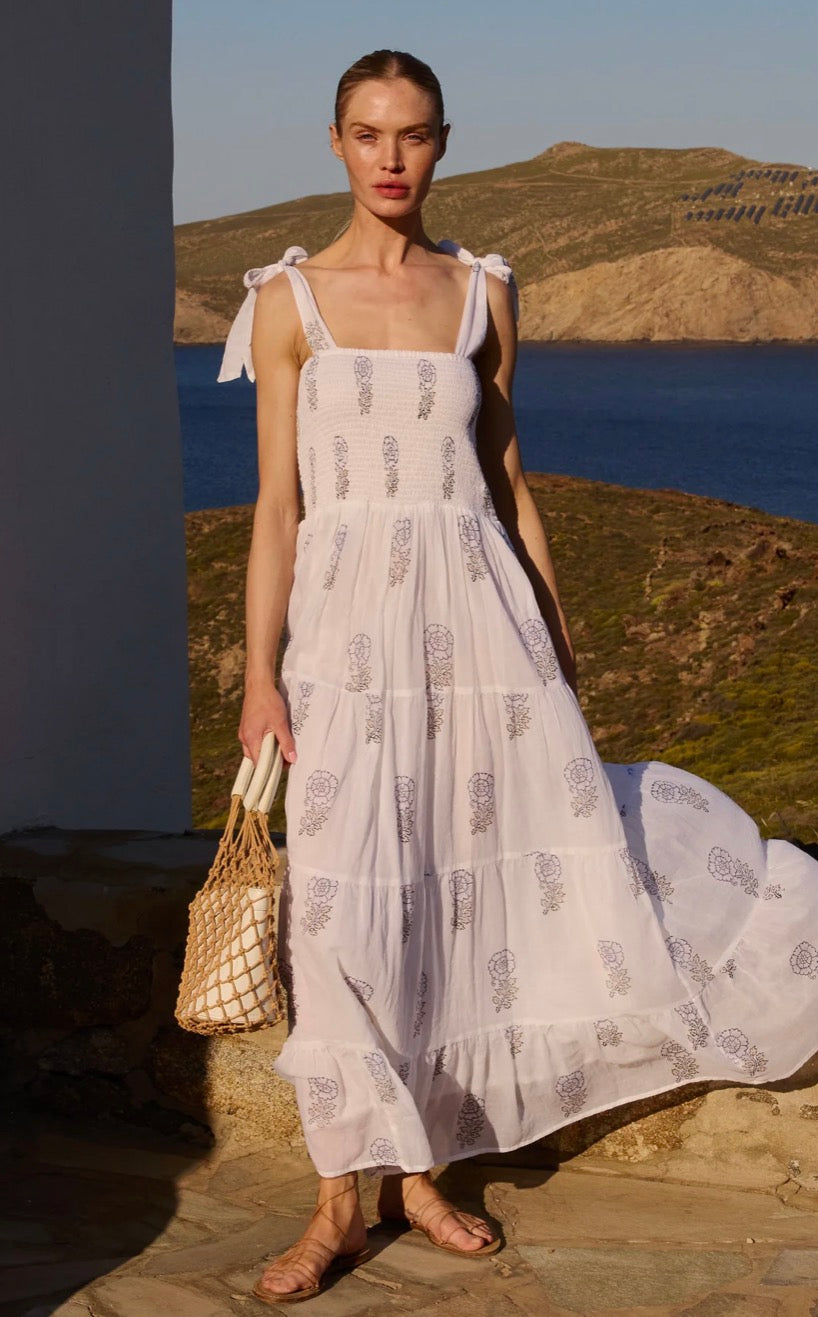 Leela Sky Wide Strap Smocked Midi