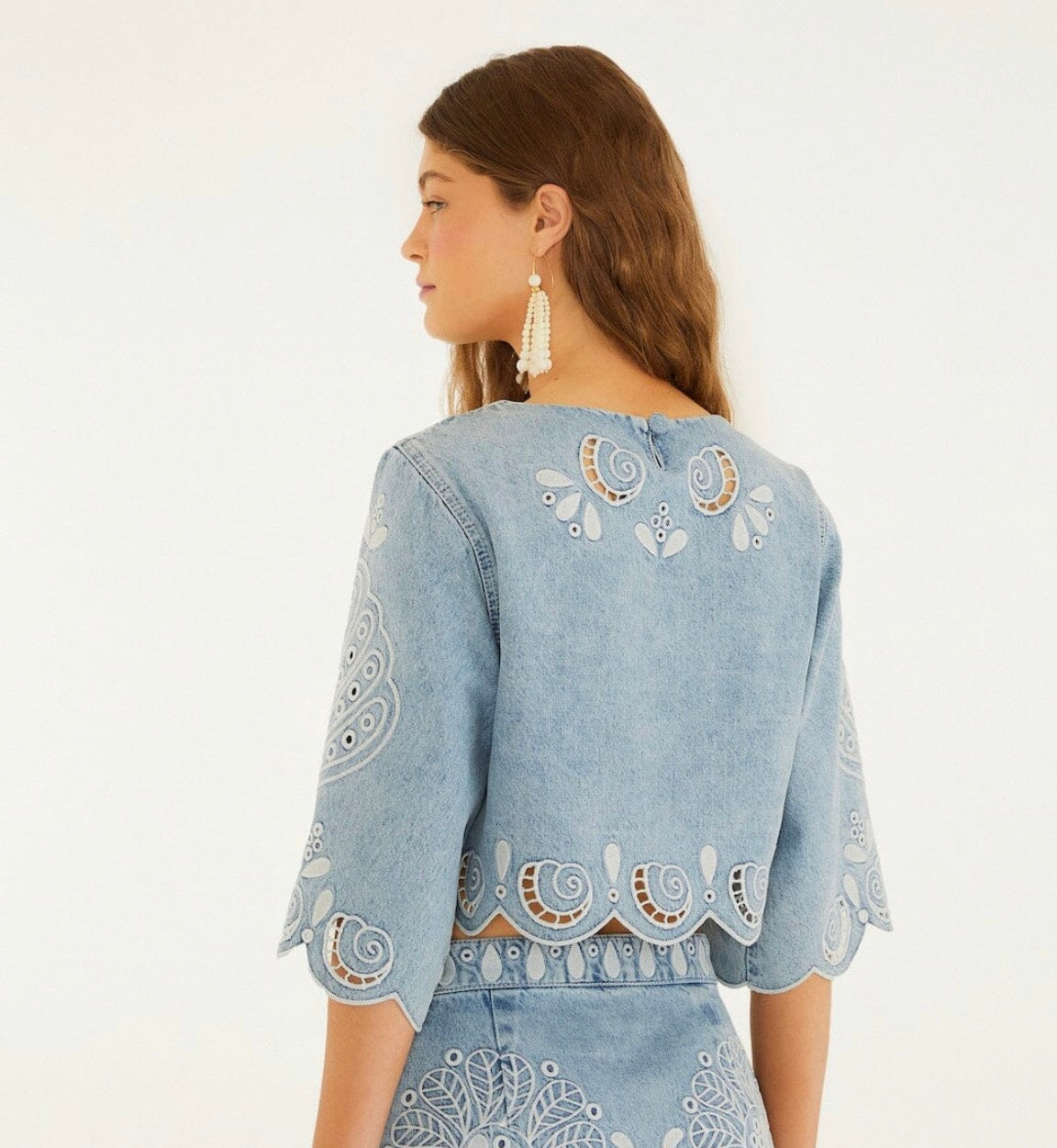 Denim Richelieu Kimono Sleeves Cropped Blouse