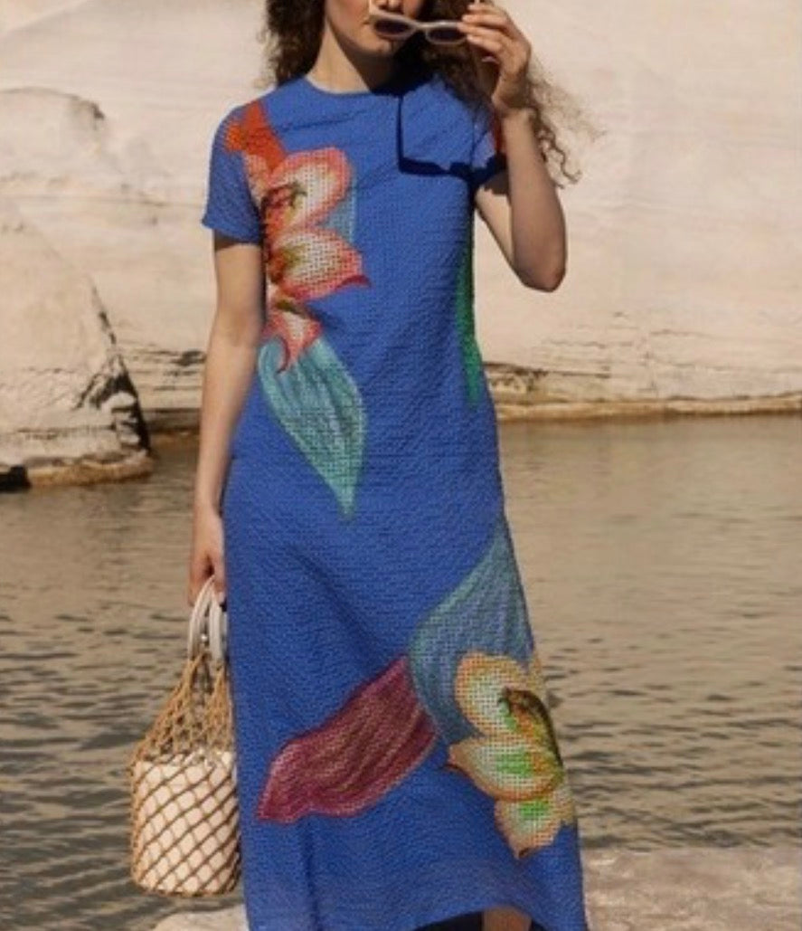 Hibiscus Blue Short Sleeve Shift Maxi