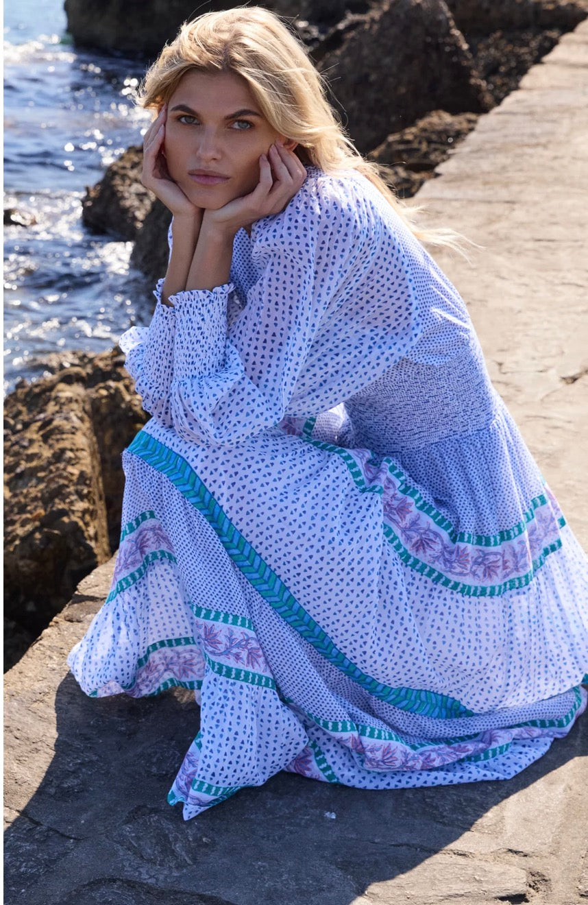 Capri Blue V Neck Smocked Waist Maxi