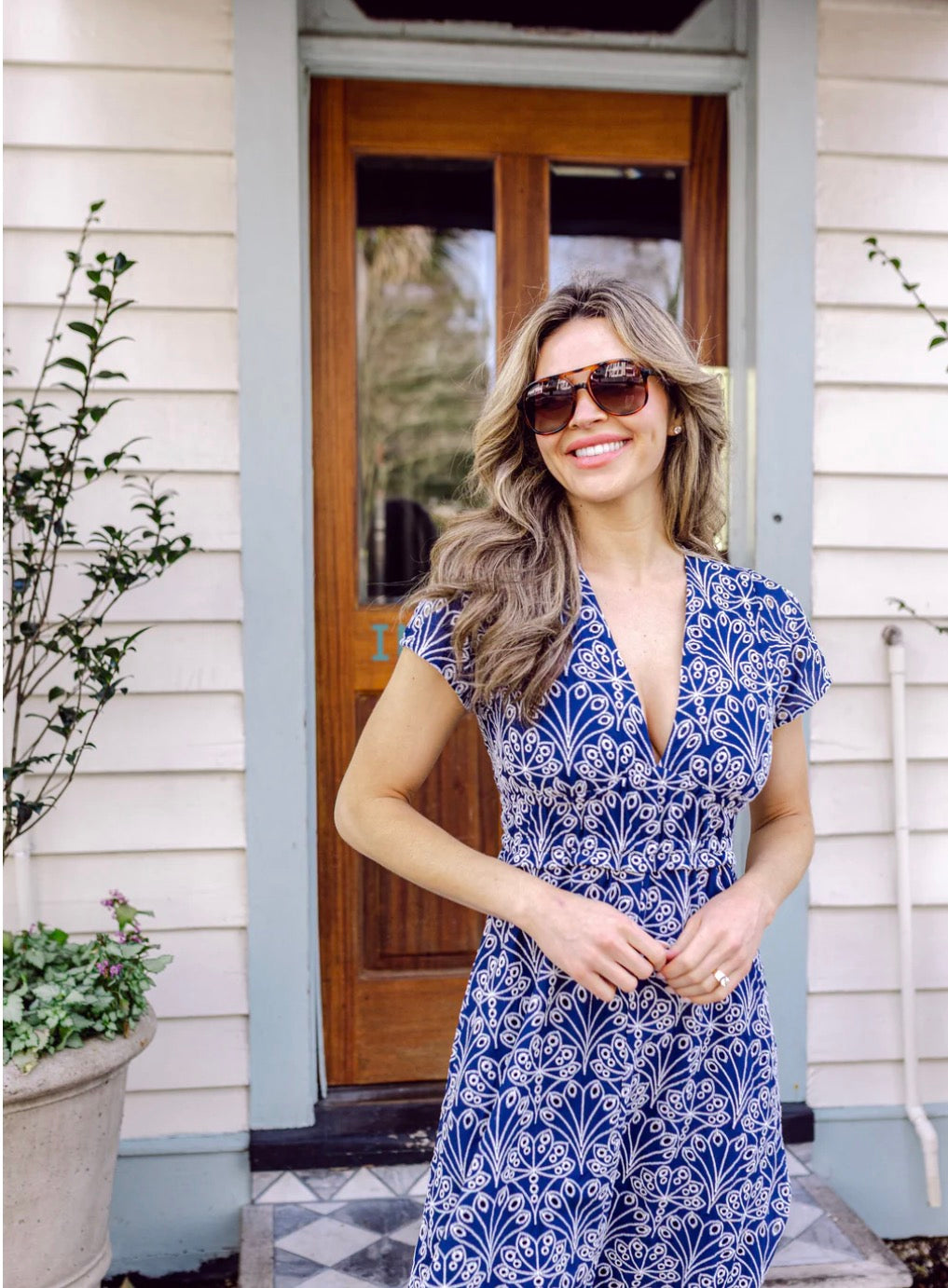 Navy Shell Eyelet V-Neck Maxi Dress