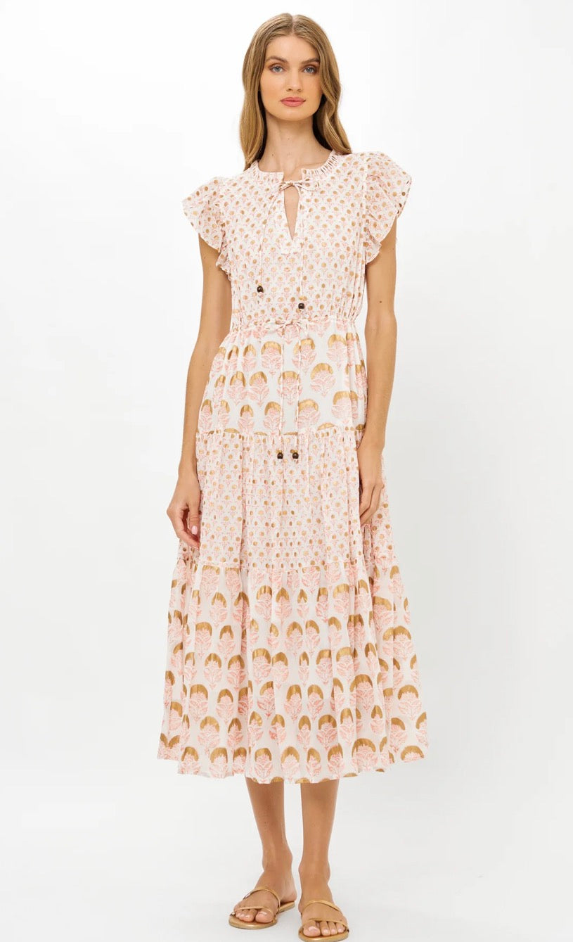 Arbor Coral Cinched Flirty Midi