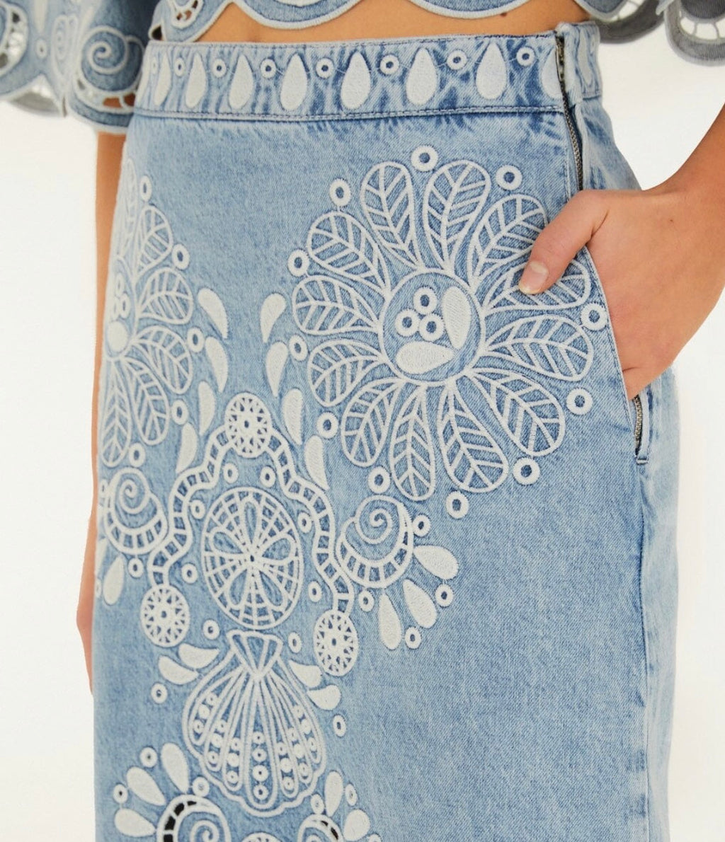 Denim Richelieu Wavy Hem Midi Skirt