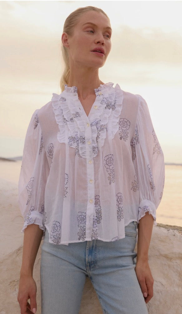 Leela Sky Ruffle Front Blouse