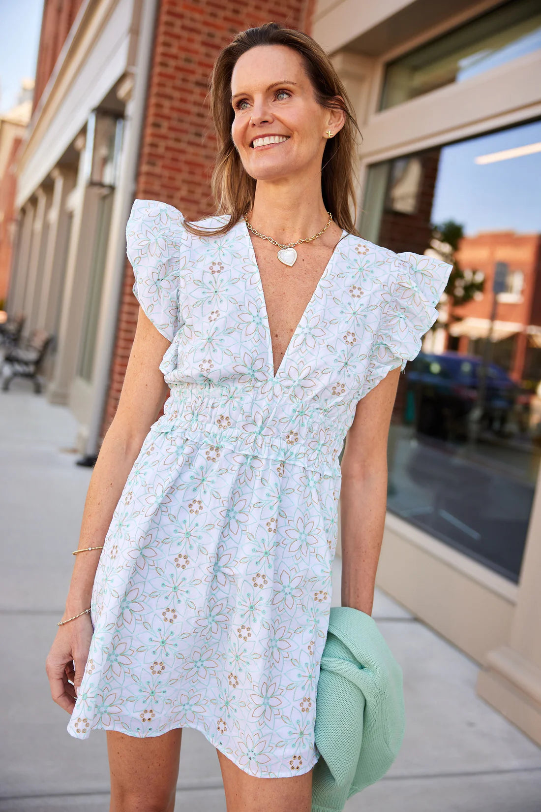Cabbage and White Eyelet Flutter Sleeve Mini Dress