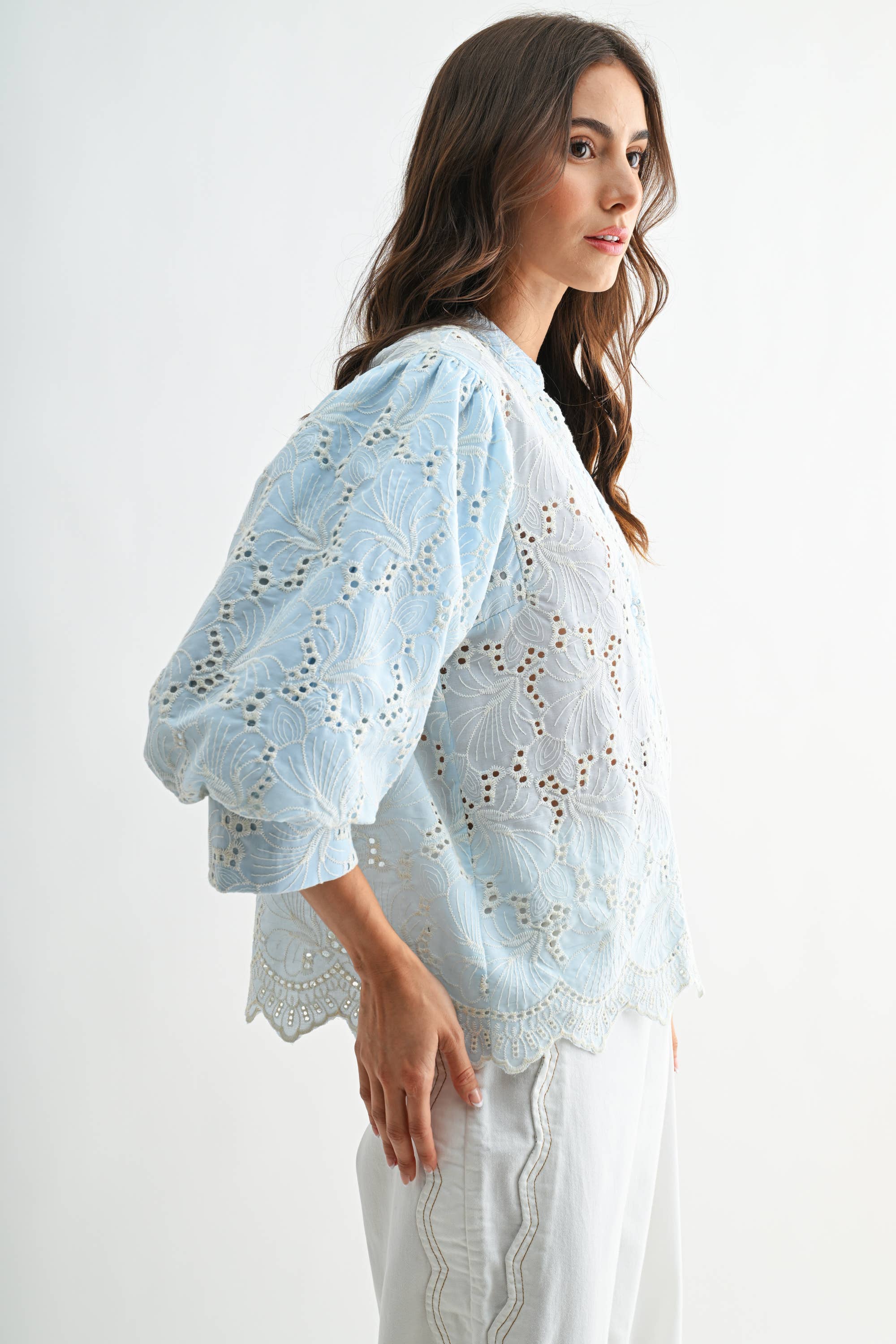 Embroidered Cotton Eyelet Puff Sleeve Blouse