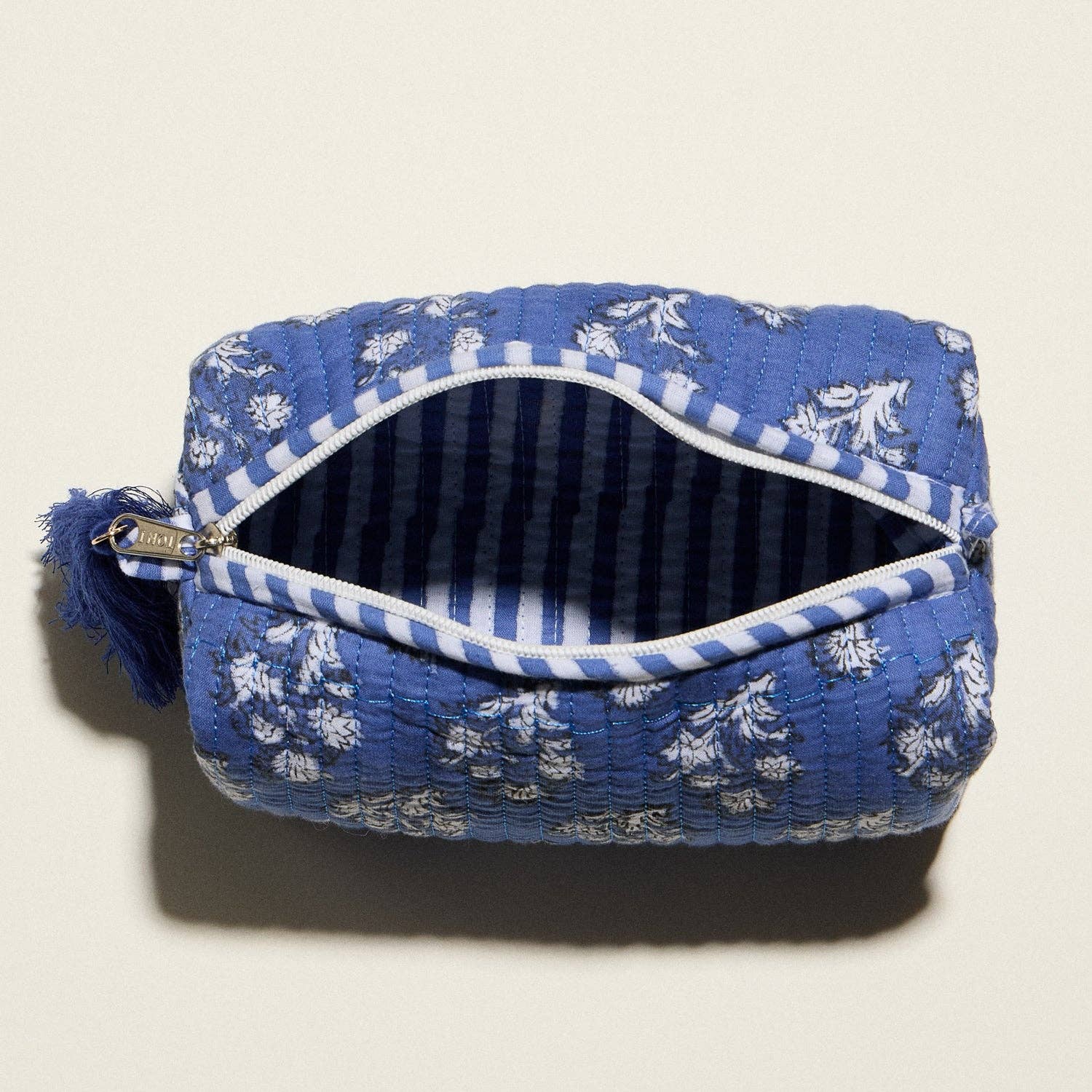 Blue Quilted Floral Cosmetic Pouch