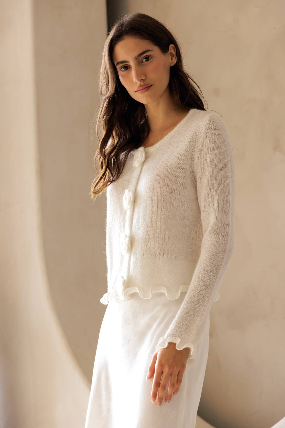 Floral Ruffle Trim Knit Cardigan