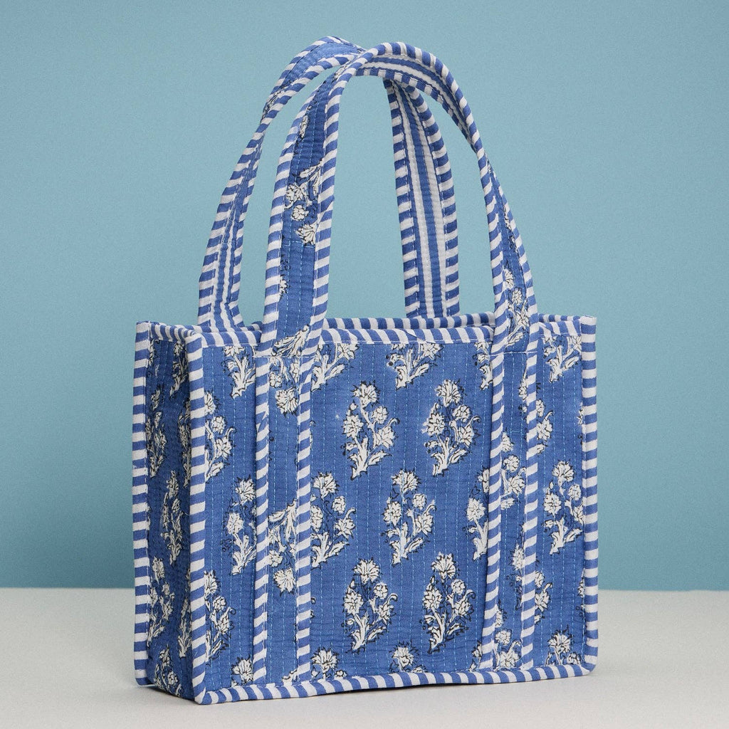 Blue Quilted Floral Mini Tote Bag