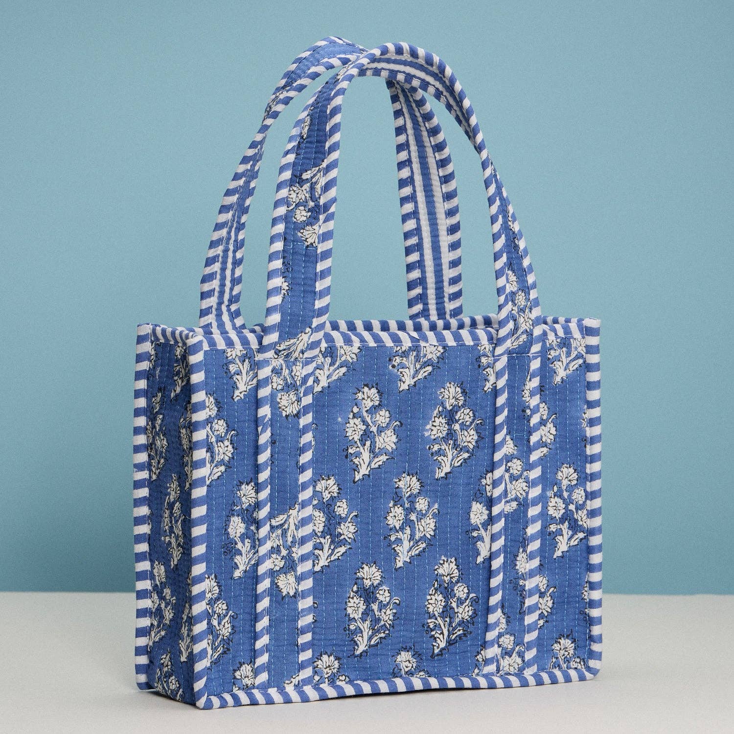 Blue Quilted Floral Mini Tote Bag