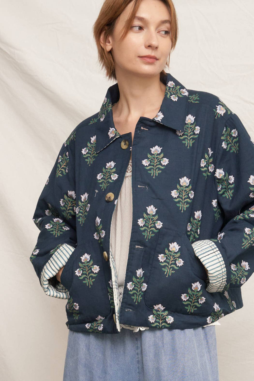 Reversible Quilted Flower Striped Jacket