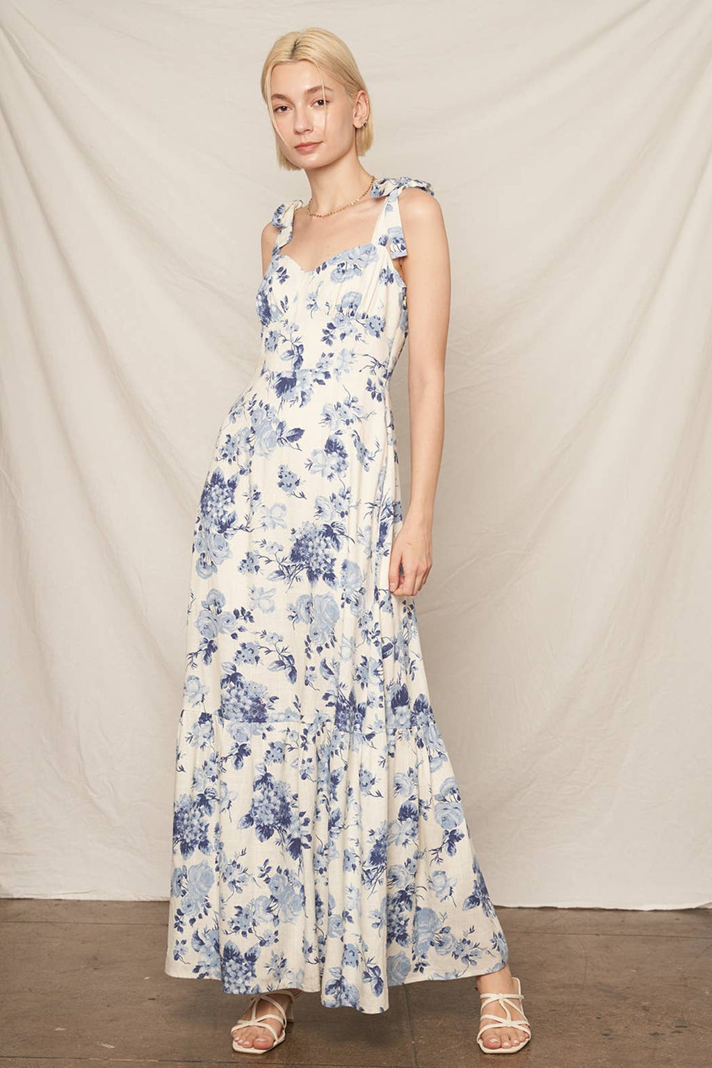 Sleeveless Shoulder Tie Floral Print Maxi Dress