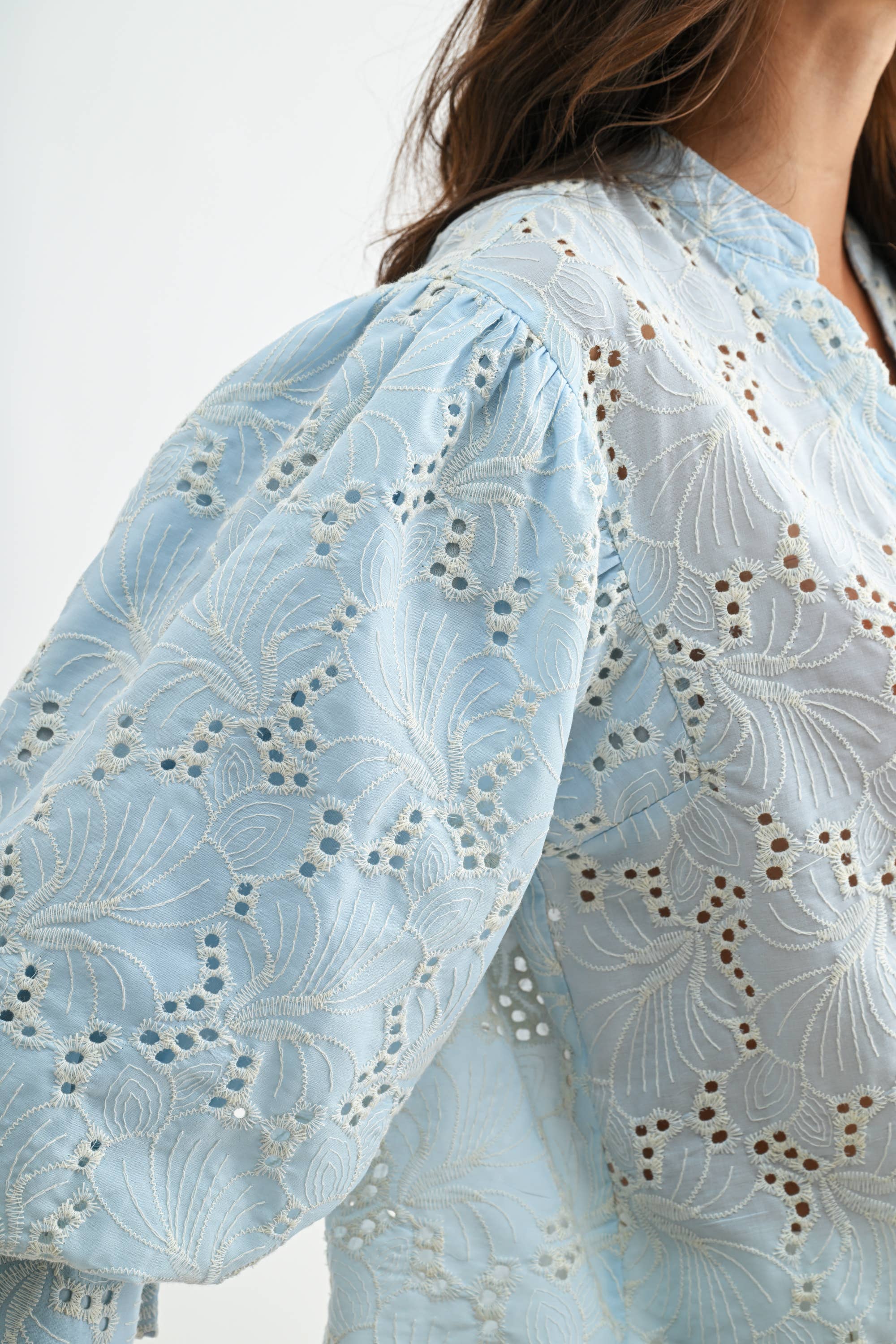 Embroidered Cotton Eyelet Puff Sleeve Blouse