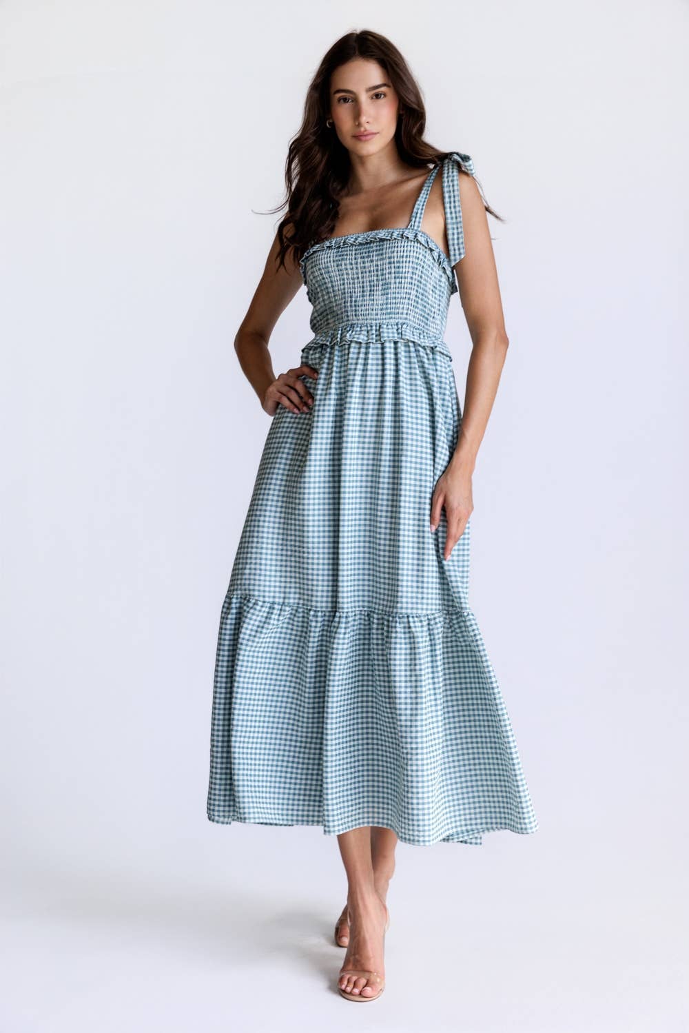 Smocked Gingham Midi Dress