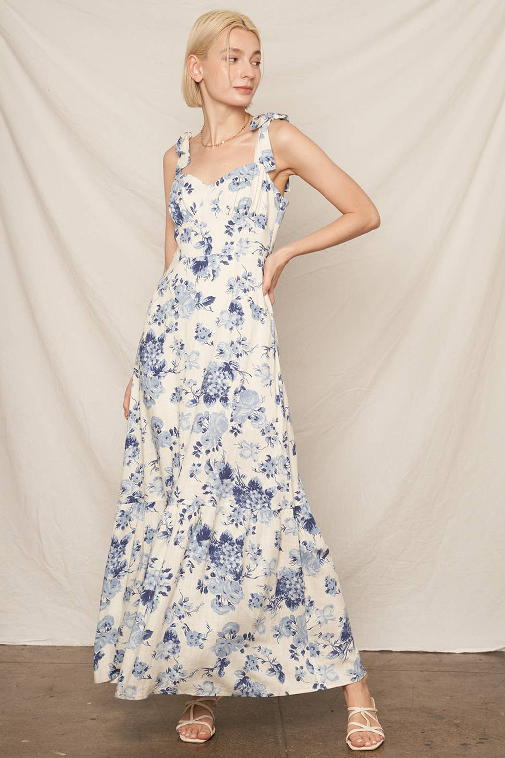 Sleeveless Shoulder Tie Floral Print Maxi Dress