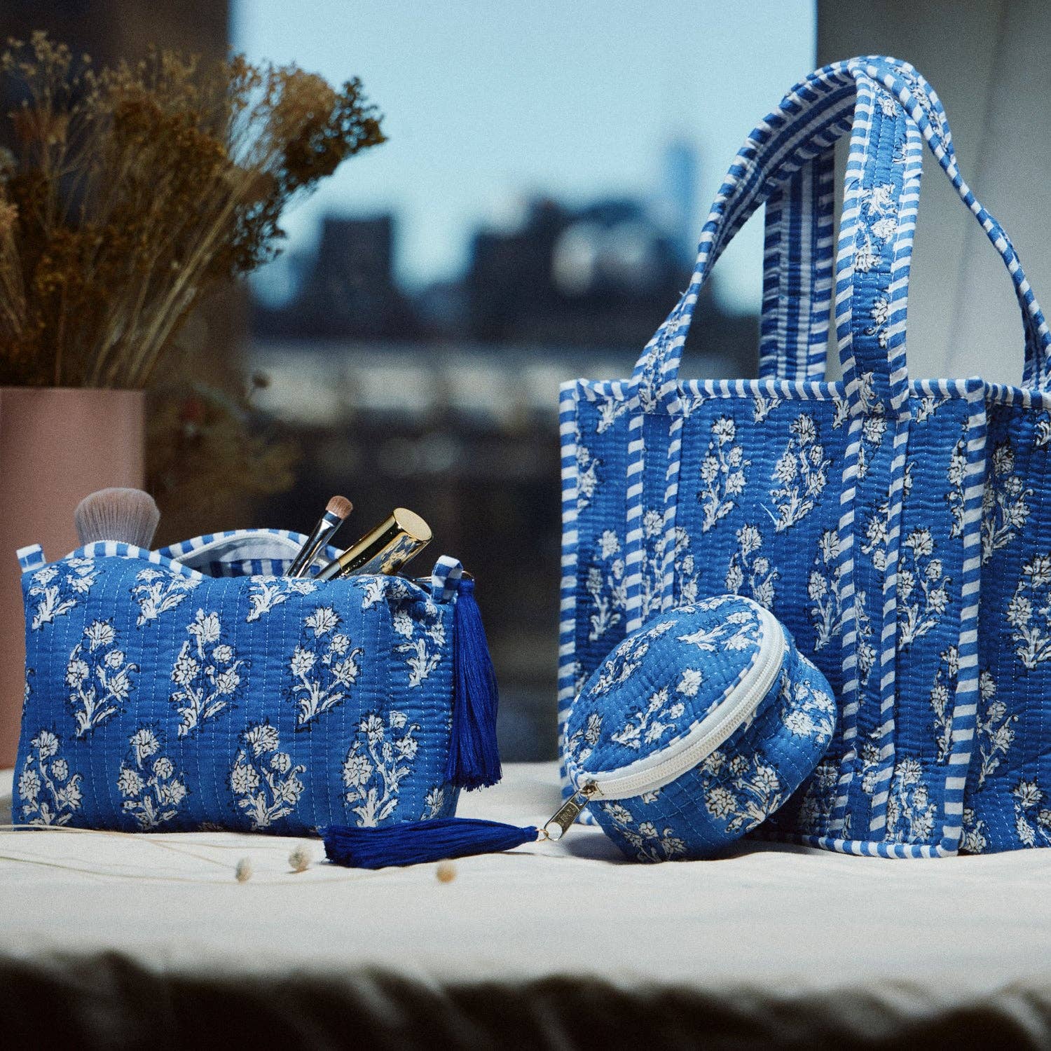 Blue Quilted Floral Cosmetic Pouch