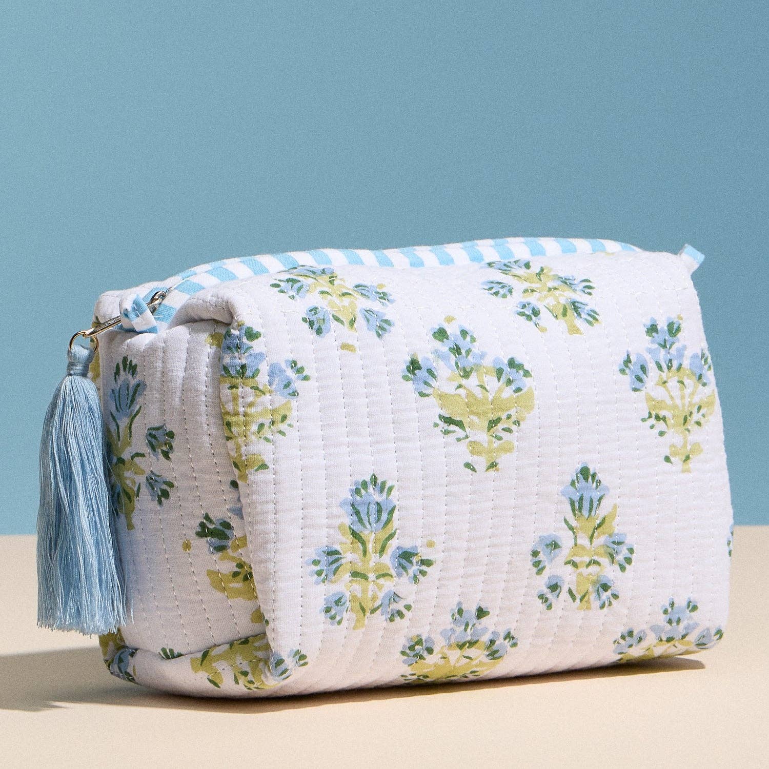 Light Blue Quilted Floral Cosmetic Pouch