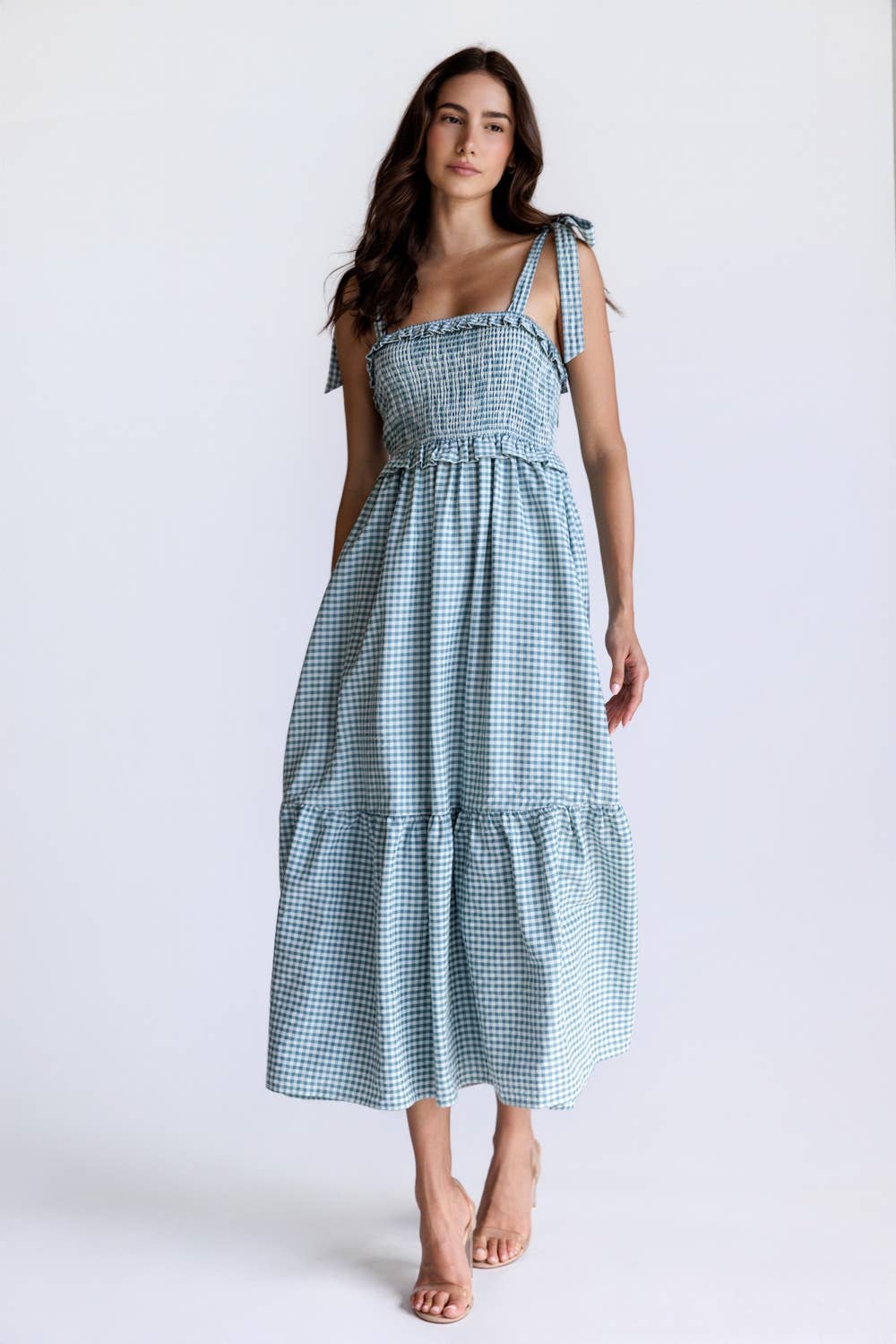 Smocked Gingham Midi Dress
