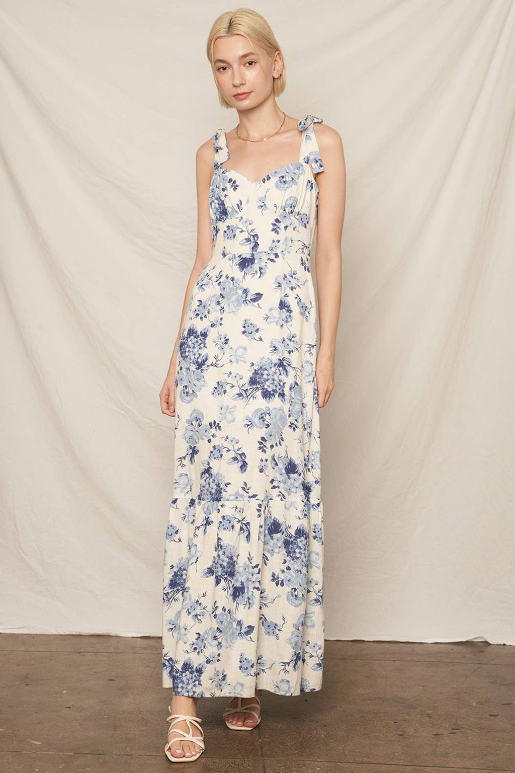 Sleeveless Shoulder Tie Floral Print Maxi Dress