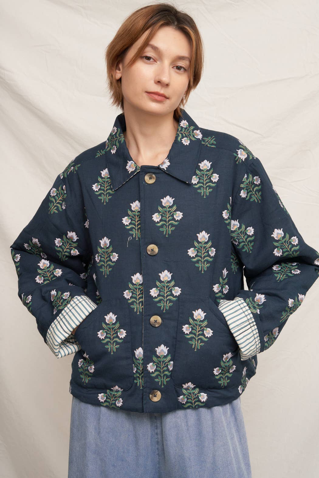 Reversible Quilted Flower Striped Jacket