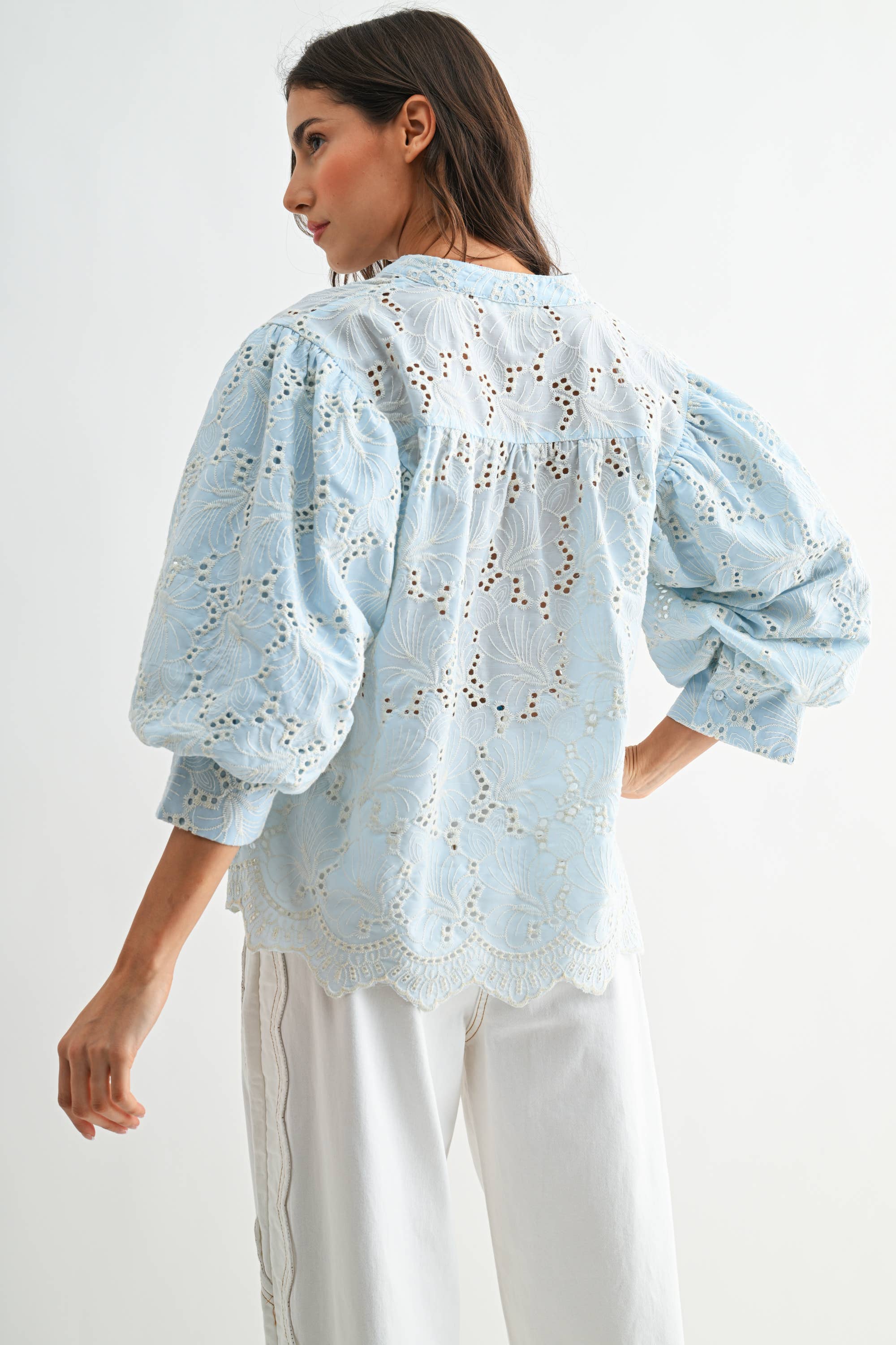 Embroidered Cotton Eyelet Puff Sleeve Blouse